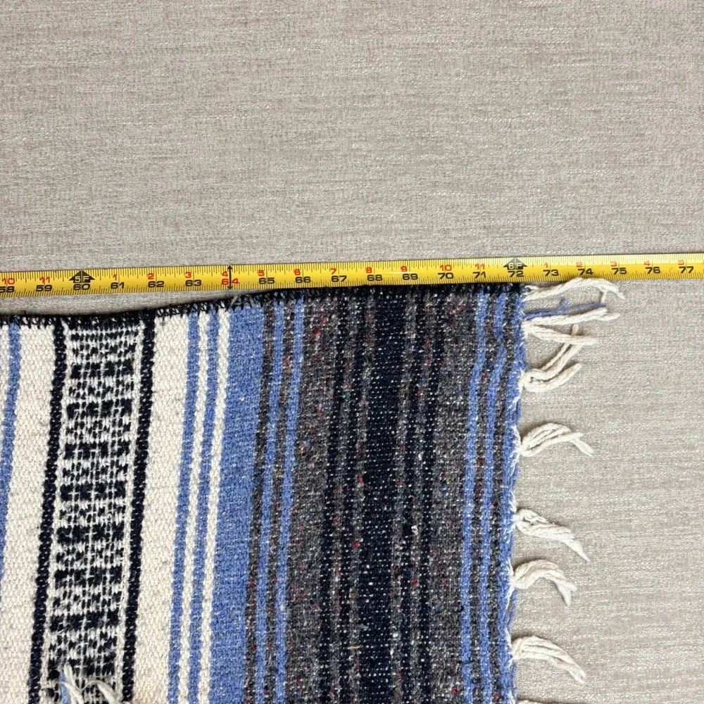 Mexican Serape Falsa Blanket Blue Gray White Striped Woven EUC Boho Western